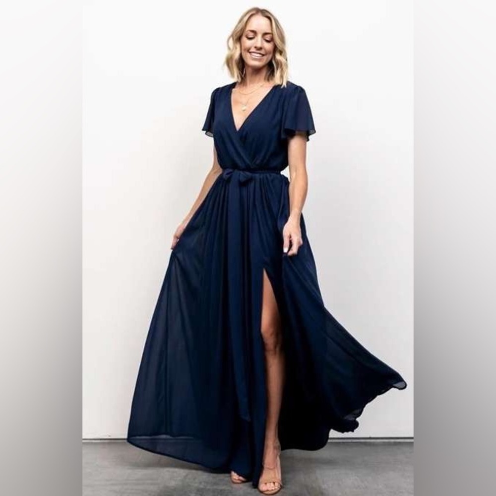 Navy V-Neck Maxi Dress with Tie Waist